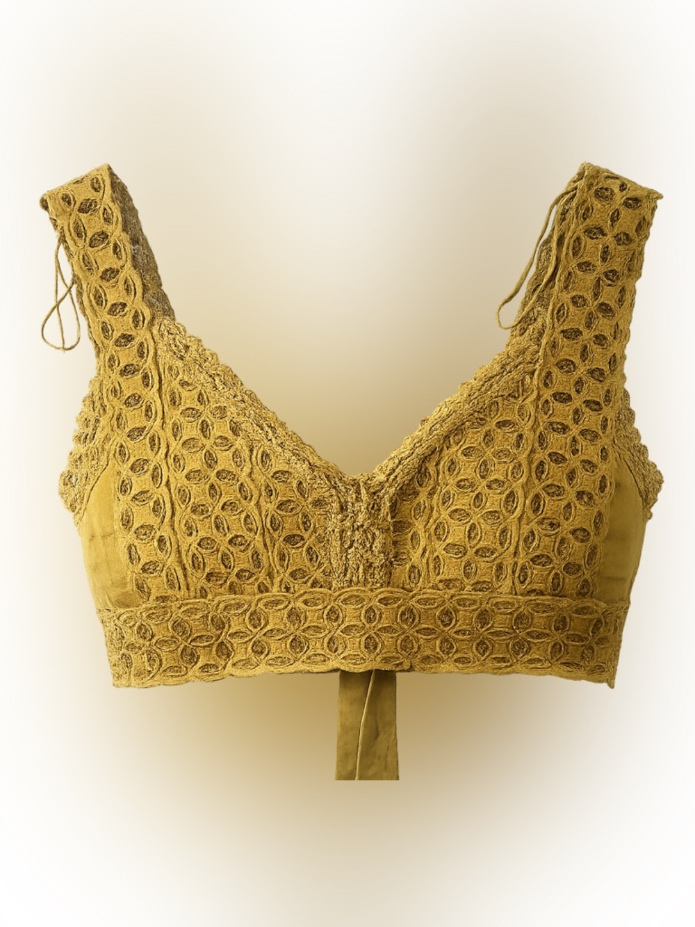 Urban Outfitters Mustard Eyelet Lace Crop Top - Boho Tie-Front Bralette - Size L